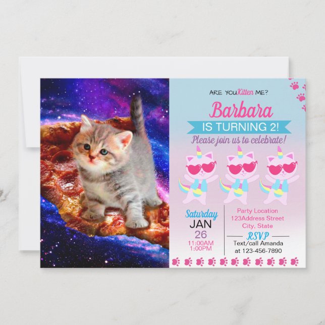 Cats in space pizza invitation (Front)