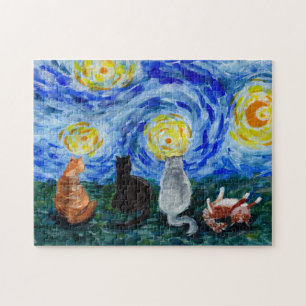 Cats in Stary Night Inspired Watercolor Painting Jigsaw Puzzle