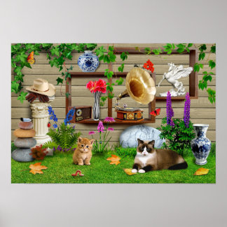 Cats in the backyard. A cute funny picture. Poster