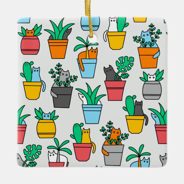 Cats in the flowerpots ceramic ornament (Front)