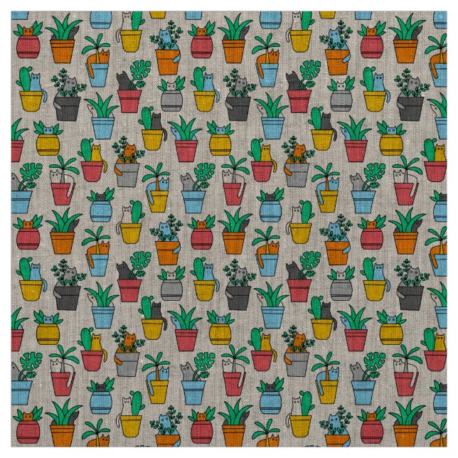 Cats in the flowerpots fabric (Swatch)
