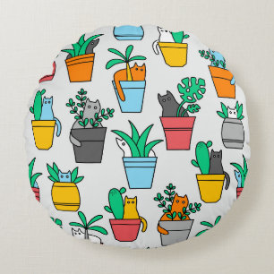 Cats in the flowerpots round cushion