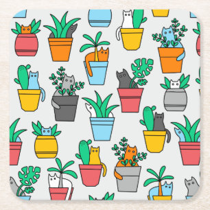 Cats in the flowerpots square paper coaster