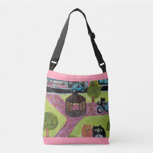 Cats in Town Park Folk Art Fun Painting Crossbody Bag