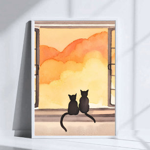 Cats in Window   Sunset Watercolor Silhouette Art Poster
