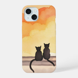 Cats in Window Sunset Watercolor Silhouette iPhone 15 Case