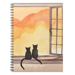 Cats in Window Sunset Watercolor Silhouette Notebook