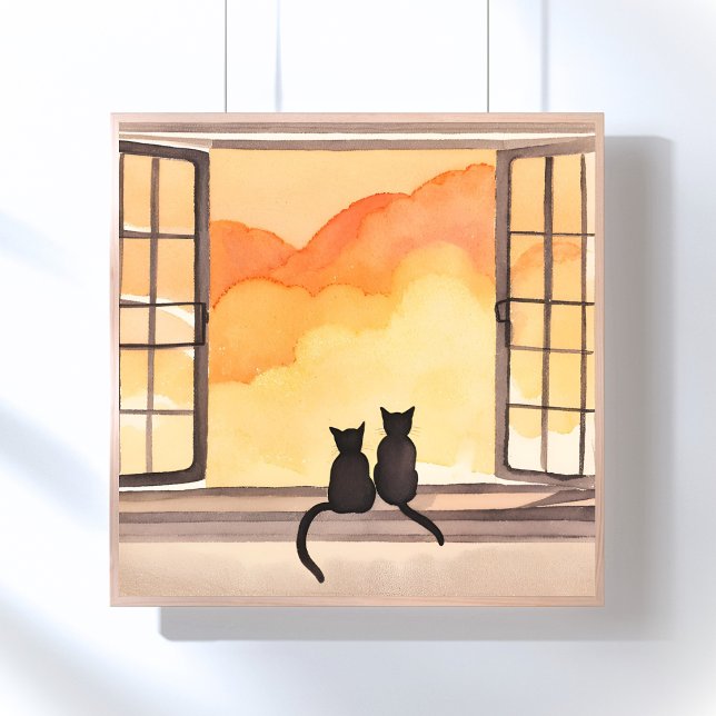 Cats in Window | Sunset Watercolor Silhouette Poster (Creator Uploaded)