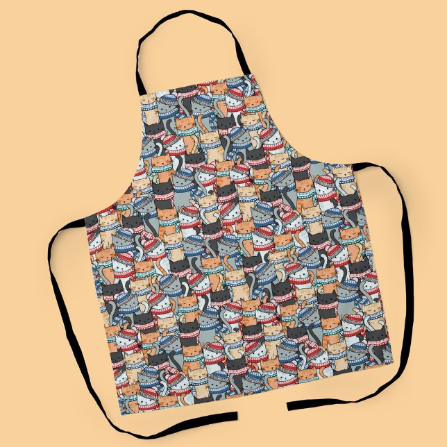 Cats in Winter Scarves & Hats Pattern Apron (Cats in Winter Scarves and Hats Pattern Apron)