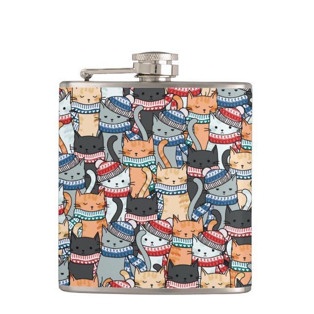 Cats in Winter Scarves & Hats Pattern Hip Flask (Front)