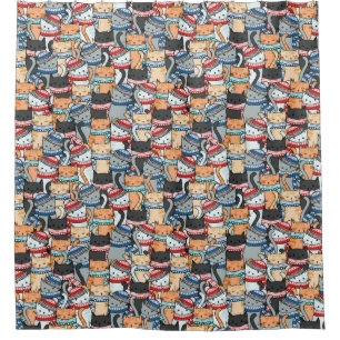 Cats in Winter Scarves & Hats Pattern Shower Curtain