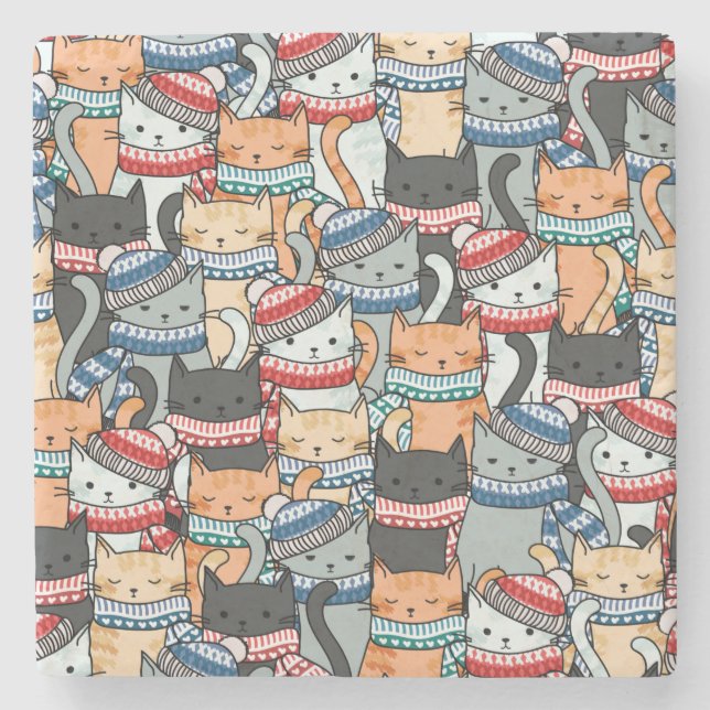 Cats in Winter Scarves & Hats Pattern Stone Coaster (Front)