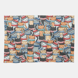 Cats in Winter Scarves & Hats Pattern Tea Towel