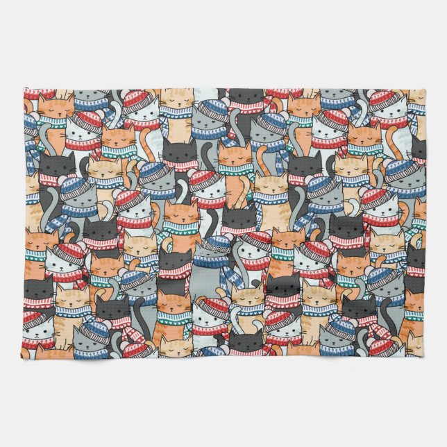 Cats in Winter Scarves & Hats Pattern Tea Towel (Horizontal)