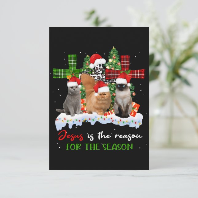Cats Jesus Is Reason For The Season Christmas Ugly Thank You Card (Standing Front)