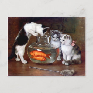 Cats Kittens Fishing in a Fish Bowl painting Postcard