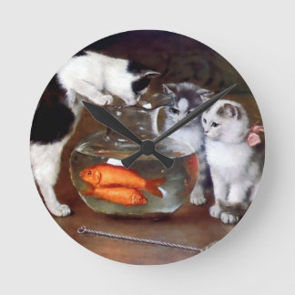Cats Kittens Fishing in a Fish Bowl painting Round Clock