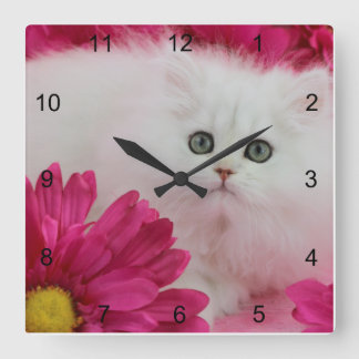 Cats, Kittens, Personalise, Hot Pink, Black, Swirl Square Wall Clock