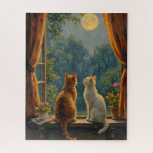 Cats looking at the moon and rain jigsaw puzzle
