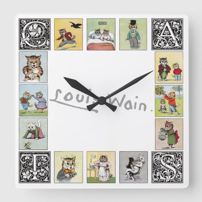 Cats, Louis Wain Square Wall Clock (Front)