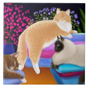 Cats Lounging on Clean Laundry Tile