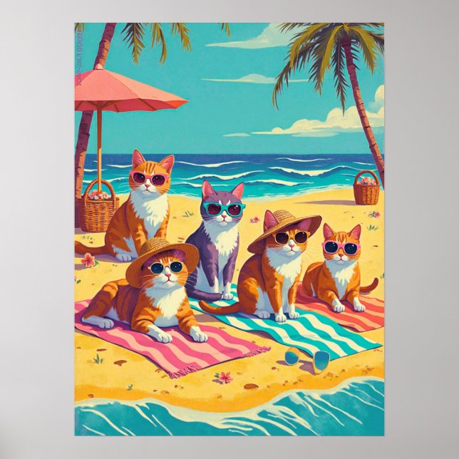 Cats Lounging on the Beach Poster (Front)