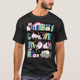 Cats Lying On Bookshelf Book Kitten Minimalist Lib T-Shirt