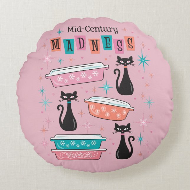 Cats Mid-Century Madness Pink Pyrex Pillow  Round Cushion (Front)
