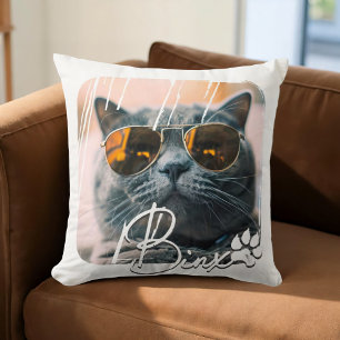 Cat's Modern Simple Cool Grunge Name and Photo Cushion