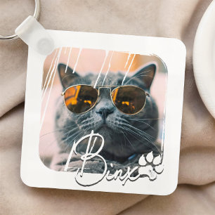 Cat's Modern Simple Cool Grunge Name and Photo Key Ring