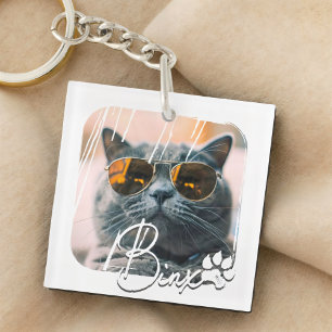 Cat's Modern Simple Cool Grunge Name and Photo Key Ring