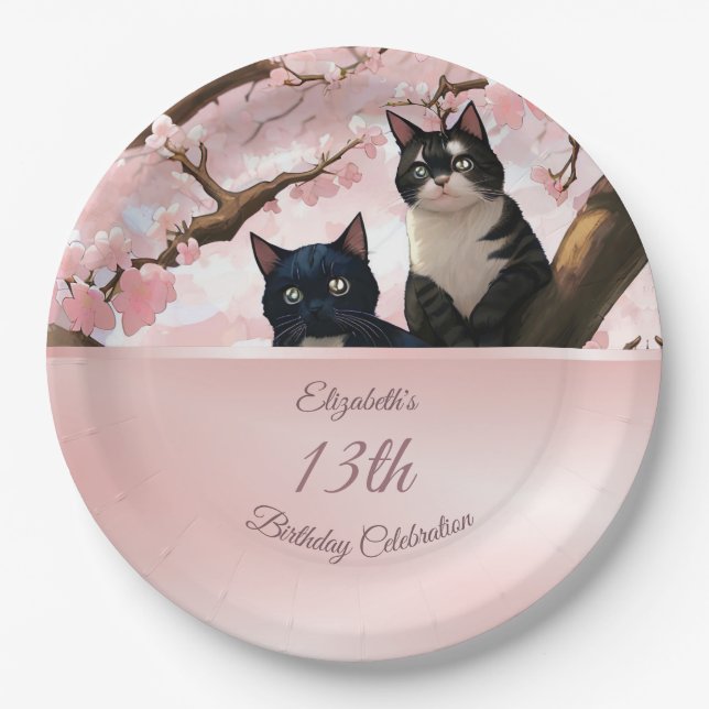 Cats On A Cherry Blossom Tree | Custom Birthday Paper Plate (Front)