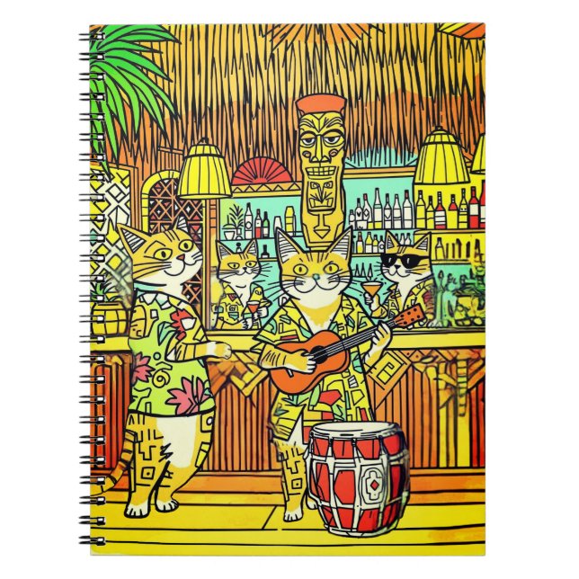 Cats on an Island Vacation in a Tiki Bar Notebook (Front)