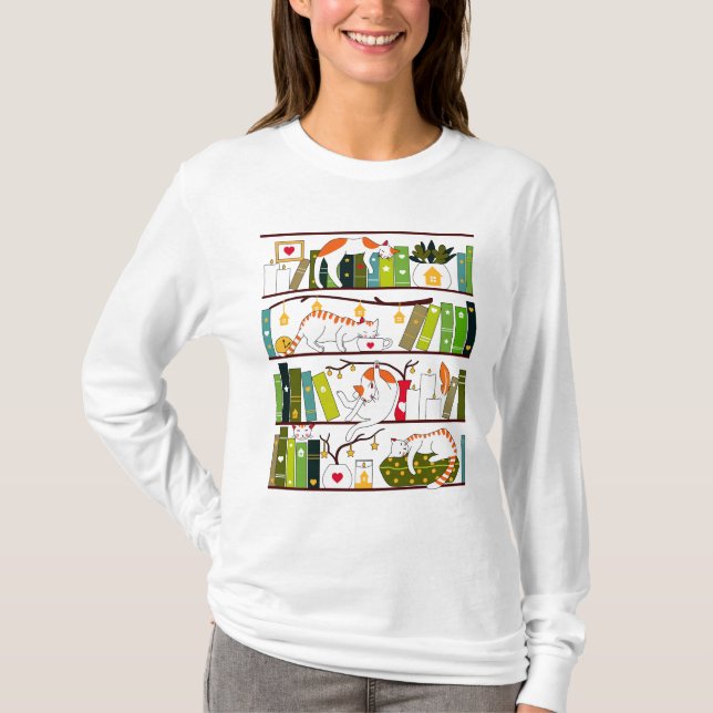 Cats On Bookshelf, Cat And Book Lover Gift T-Shirt (Front)