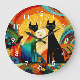 Cats on Bright and Colorful Background, Large Clock