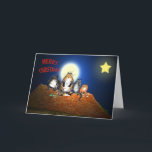 Cats on roof,  Merry Christmas, humor Holiday Card<br><div class="desc">A cartoon of cats sitting in a row on top of the rooftops,  with the moon behind them,  and stars in the night sky." Merry Christmas" is written on the front in red.</div>