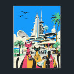 Cats on Vacation Visit the Future Postcard<br><div class="desc">Postcard in an illustration of three stylish,  cats dressed as tourists standing before a futuristic cityscape. The architecture evokes mid-century sci-fi aesthetics. The cats hold cameras,  maps,  and wear lanyards,  suggesting adventure. Palm trees and a bright blue sky enhance the vacation atmosphere.</div>