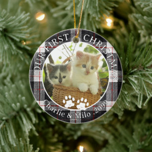 Cats Our First Christmas Photo Plaid Ceramic Tree Decoration