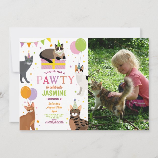 Cats Party Birthday Party Girls Fun  Invitation (Front)