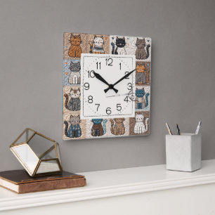 Cats Patchwork Quilt Pattern Square Wall Clock