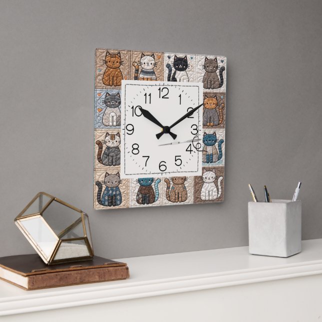 Cats Patchwork Quilt Pattern Square Wall Clock (Office)
