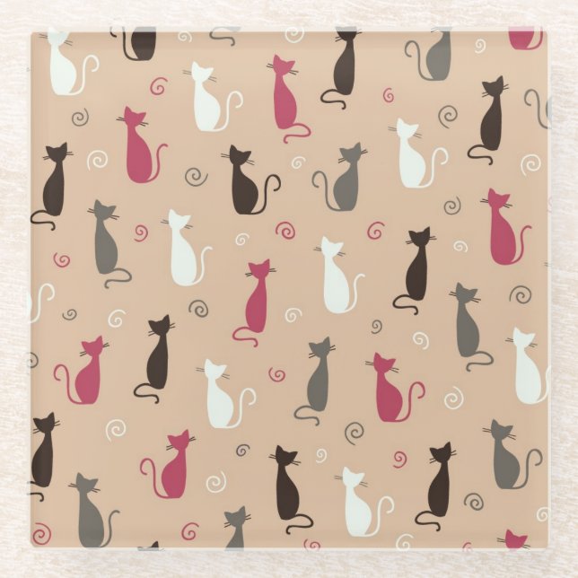 cats Pattern Pink Glass Coaster (Front)