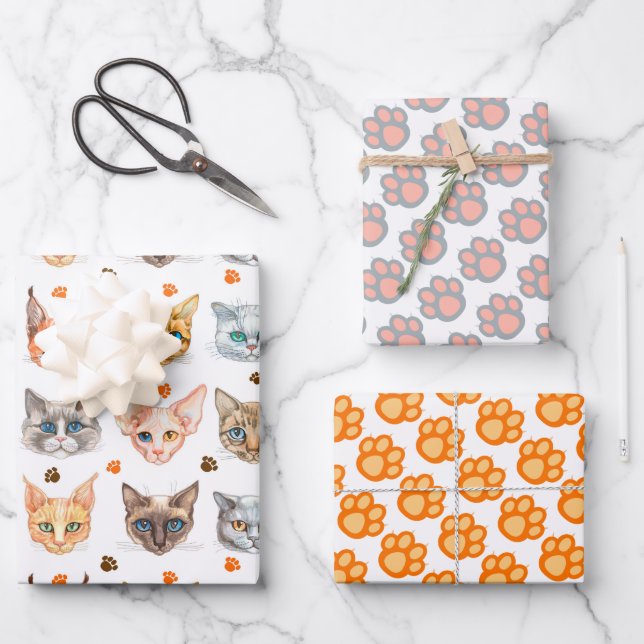 Cats & Paws Wrapping Paper Set of 3 (Front)