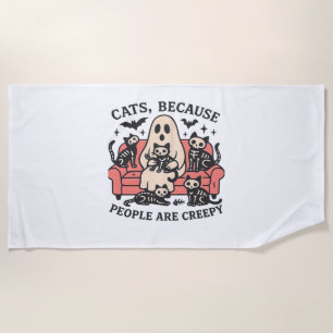Cats People Are Creepy Skeleton Halloween Tee Over Beach Towel
