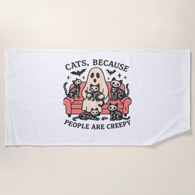 Cats People Are Creepy Skeleton Halloween Tee Over Beach Towel (Front)