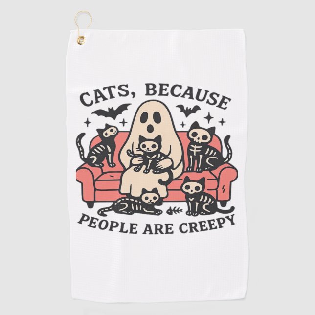 Cats People Are Creepy Skeleton Halloween Tee Over Golf Towel (Front)