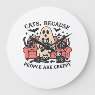 Cats People Are Creepy Skeleton Halloween Tee Over Large Clock