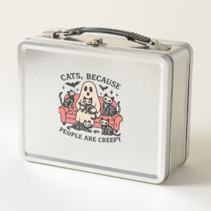 Cats People Are Creepy Skeleton Halloween Tee Over Metal Lunch Box