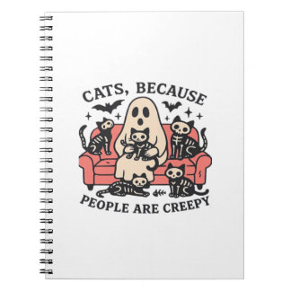 Cats People Are Creepy Skeleton Halloween Tee Over Notebook