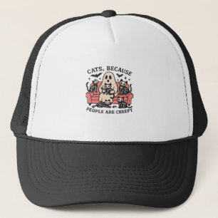 Cats People Are Creepy Skeleton Halloween Tee Over Trucker Hat